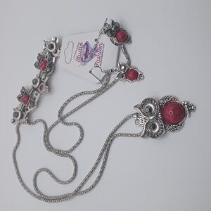 Crackle Owl Necklace Earring Bracelet Set